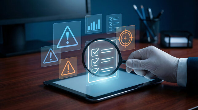 Auditor hand holding magnifying glass over virtual checklist and warning signs to conduct risk assessment and quality control inspection for compliance safety