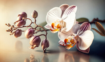 Beautiful white purple orchids isolated on light back. Generative AI	