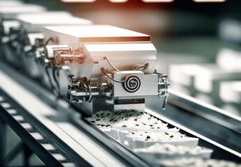 Modern automatic ood packaging conveyor close-up. Generative AI	