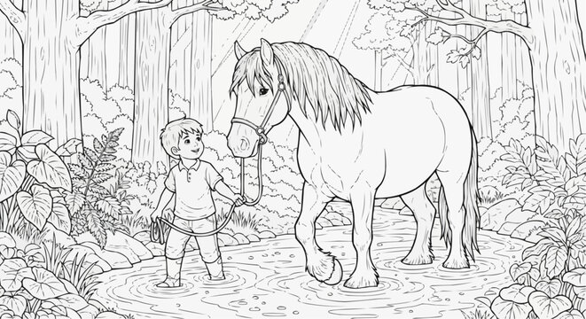 Coloring book for kids - A boy leads a horse through a stream