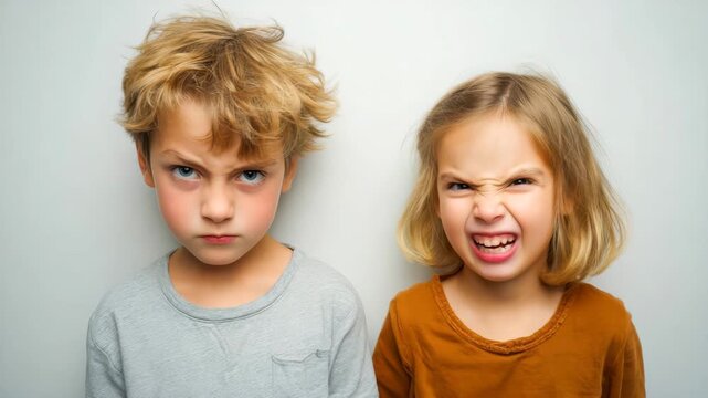 Portrait of angry children making funny faces showing teeth and frowning eyebrows