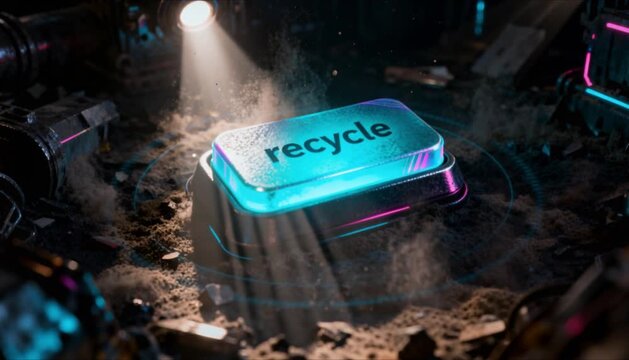 cinematic shot of a 3d glowing recycle button being activated perfect for global recycling day