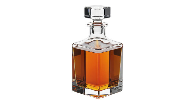 Square whiskey decanter with stopper isolated PNG, crystal liquor bottle with amber liquid on transparent background