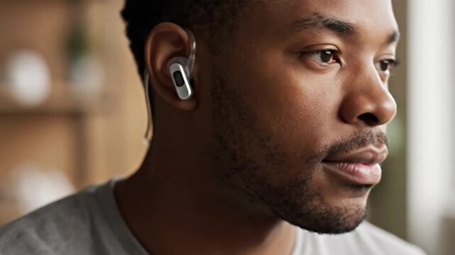Close-up of a man putting on a hearing aid. The focus is on the ear and hand