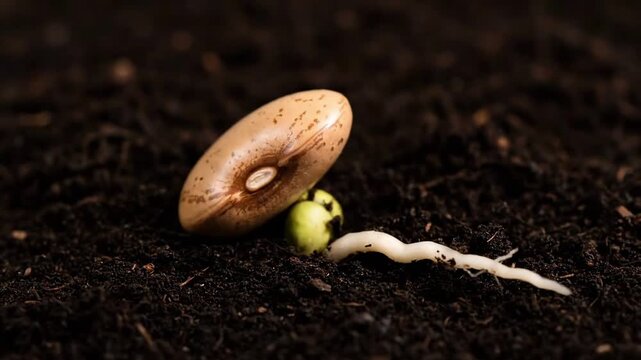 Sprouting seedling emerging from rich dark soil with seed coat still attached.
