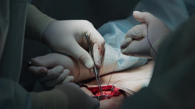 Precision Abdominal surgical suturing in progress at advanced medical facility after Umbilical hernia removal.