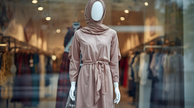 A mannequin wearing a modest light brown dress and hijab displayed in a shop window, reflecting the street and store interior.