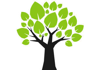 Obraz premium A stylized tree graphic symbolizes growth, progress, and success. Bold black tree silhouette with vibrant green leaves against a light gray background. Perfect for business and motivational visuals.