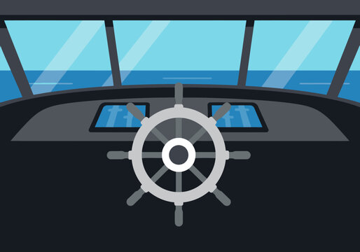A stylized view inside a ship's bridge, featuring a steering wheel and control panels. Clean lines and a blue ocean backdrop create a modern, professional aesthetic.