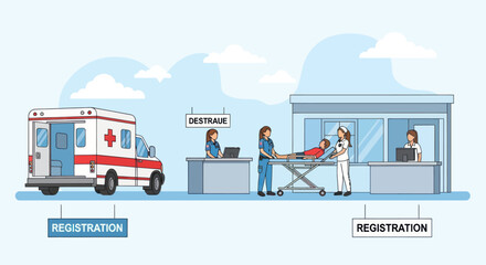 Ambulance and Medical Staff at Hospital Entrance. © Anak