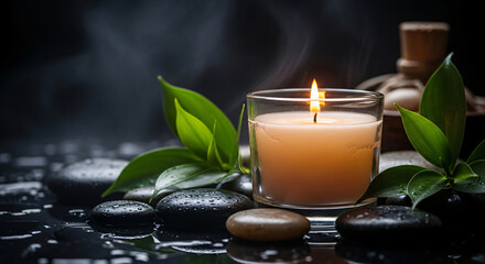 Candle Burning with Green Leaves and Smooth Stones for Relaxation