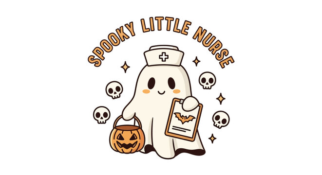 Spooky Little Nurse Halloween Ghost Illustration with Pumpkin Bucket and Skulls - Cute Kawaii Medical Costume Design
