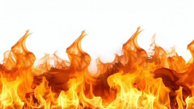 Bright orange and yellow flames lick upwards against a clean white background
