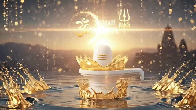 Shivling spiritual water flow animation with golden om namah shivaya mantra maha shivaratri hindu worship devotion festival background