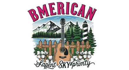 Rustic Folk Guitar and American Landscape Vector Illustration. Vintage Outdoors T-Shirt Design with Mountains, Forest, and Lighthouse Graphic.