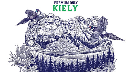 Engraved Mount Rushmore illustration with flying pheasants, American presidents monument, Black Hills landscape, and Pasque flower.