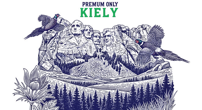 Engraved Mount Rushmore illustration with flying pheasants, American presidents monument, Black Hills landscape, and Pasque flower.