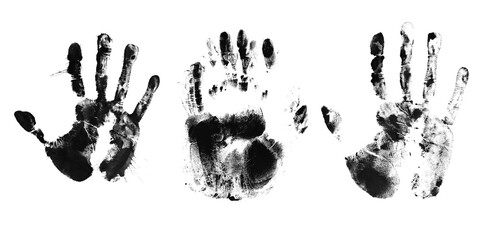 Black handprint silhouettes set on transparent background for creative graphic design projects creepy mystery elements and spooky textures for horror themes or forensic investigations and artistic