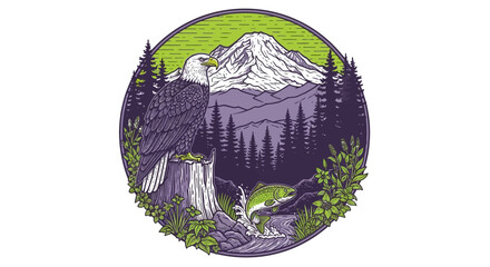Bald Eagle, Jumping Trout Fishing Illustration. Vintage Woodcut Style Wilderness Badge with Pine Forest and Snow Peak Mountain.
