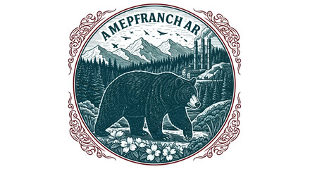 Engraving Style Bear Emblem with Mountains, Forest, and Industry | Vintage Woodcut Wildlife Logo Design
