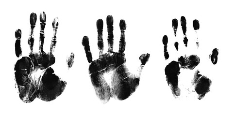 Set of human hand prints in black ink on transparent background showing detailed skin ridges and palm lines for investigative designs and artistic projects or spooky horror themes and dark textures