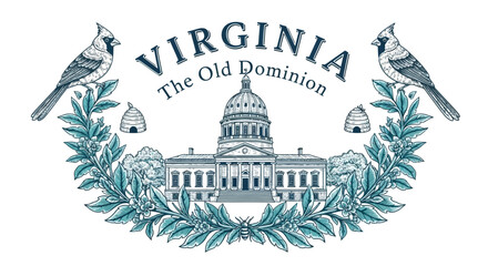Virginia State Capitol Vintage Engraving Emblem with Cardinal Birds and "The Old Dominion" text.