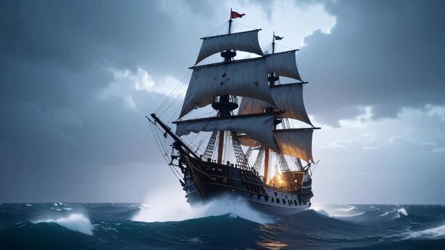 Antique wooden frigate sailing through choppy ocean waves under dramatic stormy clouds