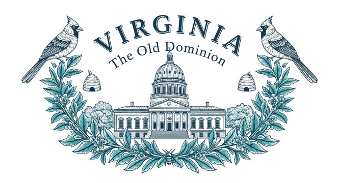Virginia State Capitol Vintage Engraving Emblem with Cardinal Birds and "The Old Dominion" text.