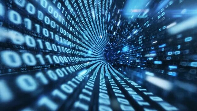 Futuristic blue tunnel with binary code swirling inside. Digital data stream visual