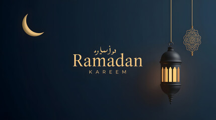 A beautiful dark blue background with a golden crescent moon, a lit lantern, and "Ramadan Kareem" text, celebrating the holy month.