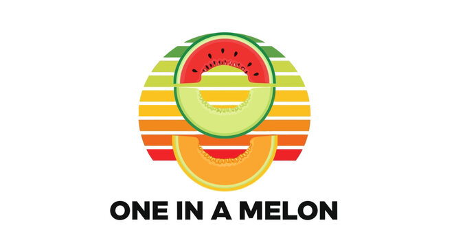 One in a Melon Pun T-shirt Design. Retro Vintage Sunset Stripe Fruit Graphic with Watermelon, Cantaloupe, and Honeydew Slices.