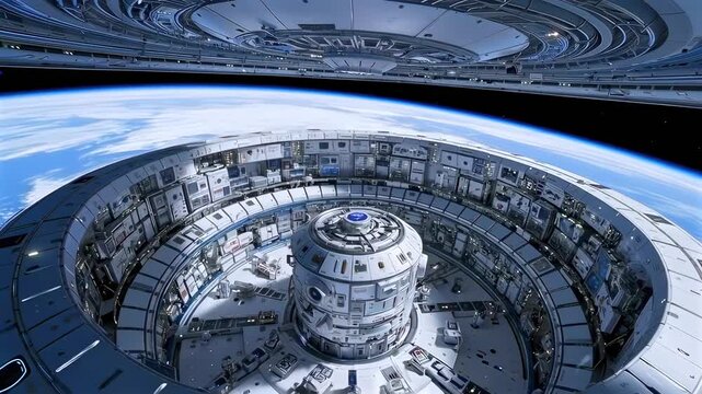 orbital station ring with earth backdrop, circular central hub and radial docking bays, detailed modular compartments and maintenance alcoves, chrome surfaces and structural girders,