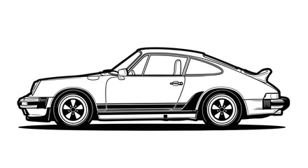 Vintage German Sports Car Outline Vector. Classic 911 Silhouette Illustration, Side View Black and White Line Art of High-Performance Coupe.