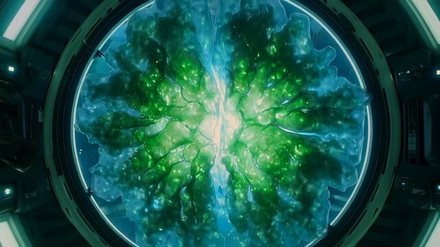green brain organoid glows inside chamber, circular viewing window frames vascular folds and developing cortex, sterile lab instrumentation surrounds specimen, futuristic bioengineering