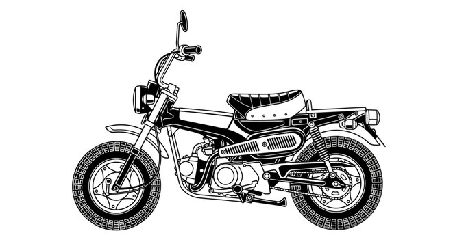 Vintage Mini-Bike Motorcycle Line Art Vector Illustration. Classic Retro Scooter or Moped Black and White Graphic Isolated.