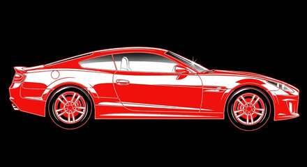 High-Contrast Red Sports Car Side View Illustration. Performance Coupe Graphic Design on Black Background, Concept Vector Art.