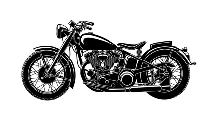 Classic Vintage Motorcycle Vector Illustration. Detailed Retro V-Twin Engine Bike Graphic. Black Silhouette Side View. © Graphicnoell