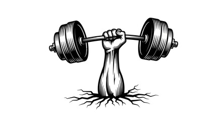 Engraving Style Hand Lifting Barbell Through Cracked Ground. Power, Strength, and Bodybuilding Vintage Vector Logo Design.