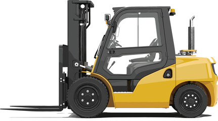 Detailed flat vector illustration of a professional yellow industrial forklift for warehouse logistics and material handling equipment © Bappi