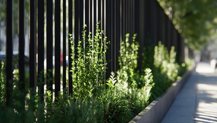 Obraz premium Sunlight filters through dark fence onto lush green plants and a sidewalk