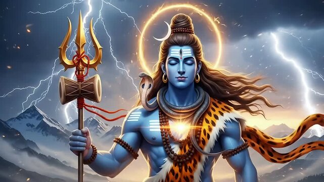 Shiva cosmic meditation animation with trident energy glowing aura spiritual power visual for Maha Shivaratri worship background festival devotional content