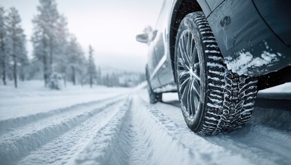 Close-up of a car tire gripping a snow-covered road, winter driving