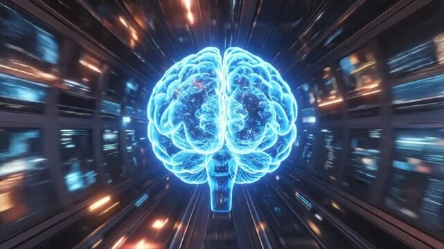 Glowing blue brain illustration surrounded by futuristic technology, representing artificial intelligence and neural networks.