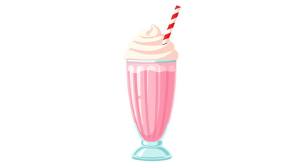 Retro Pink Milkshake Vector with Whipped Cream and Striped Straw. Sweet Diner Style Dessert Drink Isolated on White.