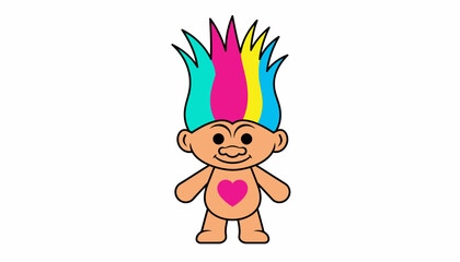 Cute Cartoon Troll Doll with Colorful Spiky Hair and Pink Heart Symbol. Retro 90s Pop Culture Character Vector Illustration.