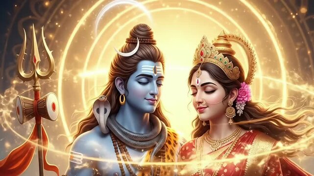 Maha shivaratri divine animation of lord shiva and goddess parvati cosmic energy meditation scene for spiritual festival visuals devotional background