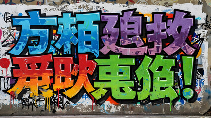 Fototapeta premium Vibrant Chinese graffiti typography painted on urban wall with bold colors and expressive street art style. 