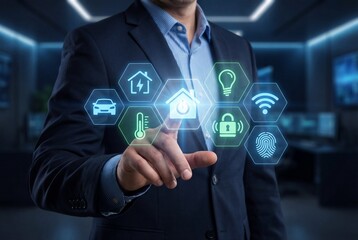 Obraz premium Businessman interacting with smart home holographic interface