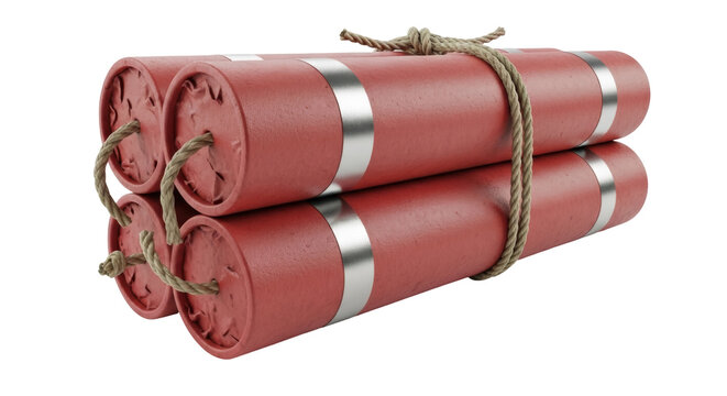 Dynamite sticks PNG isolated on transparent background, explosive material with rope and silver bands, dangerous weapon for demolition
