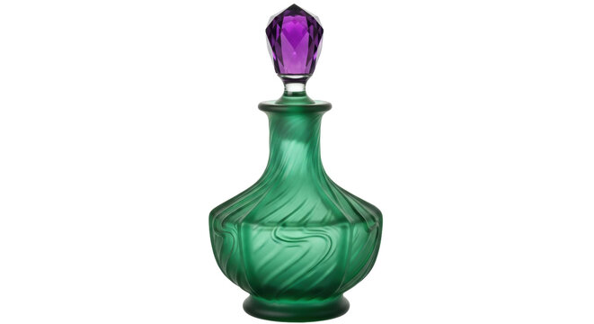 Elegant green glass perfume bottle with purple crystal stopper isolated PNG, vintage fragrance container on transparent background